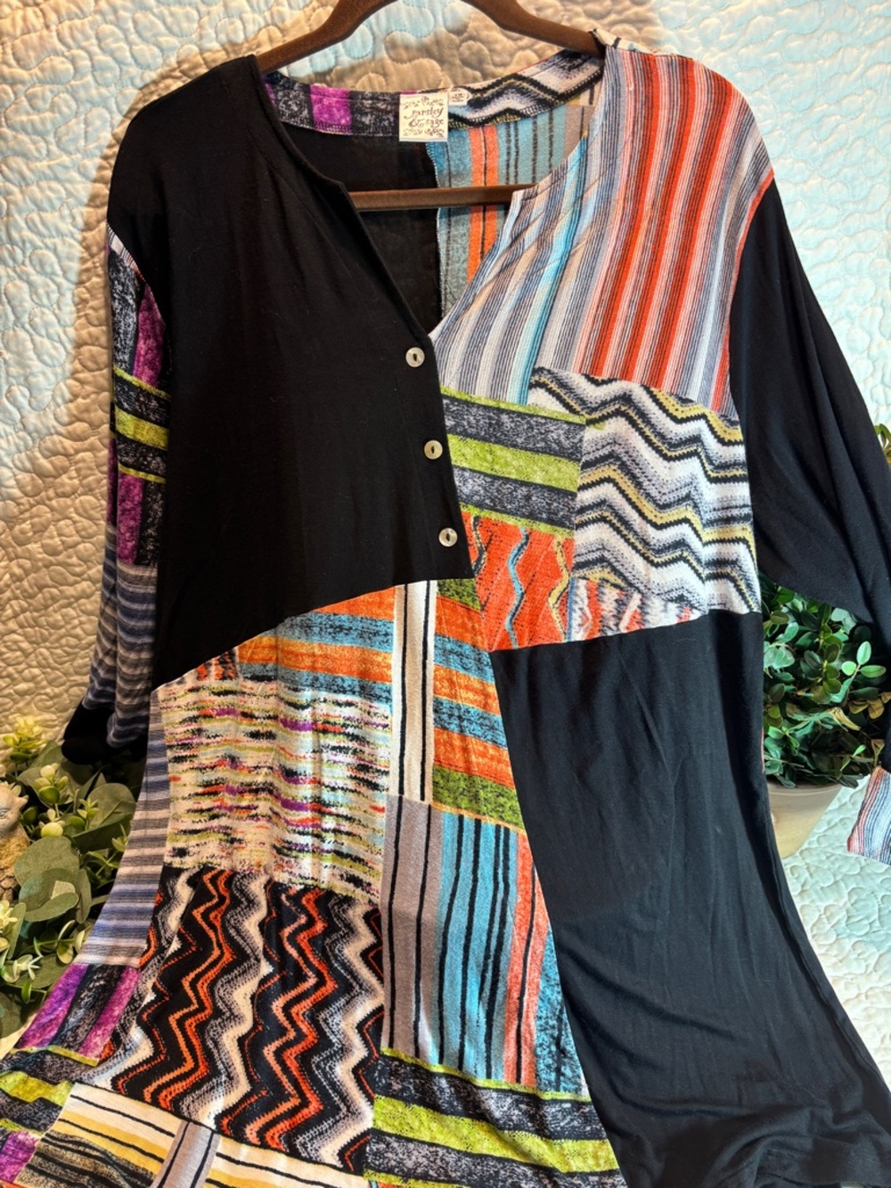 Parsley & Sage Black Multi-Color Patchwork Tunic Top